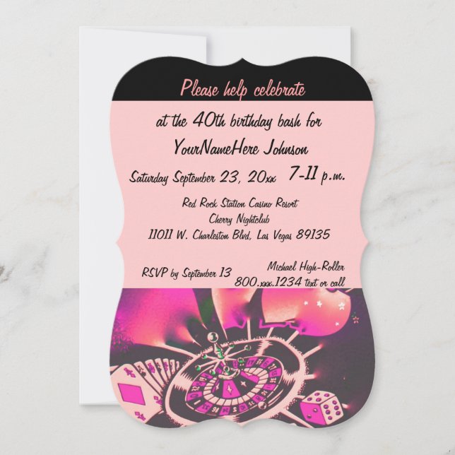 Invitation Las Vegas Casino Anniversaire Fête rose et noir (Devant)