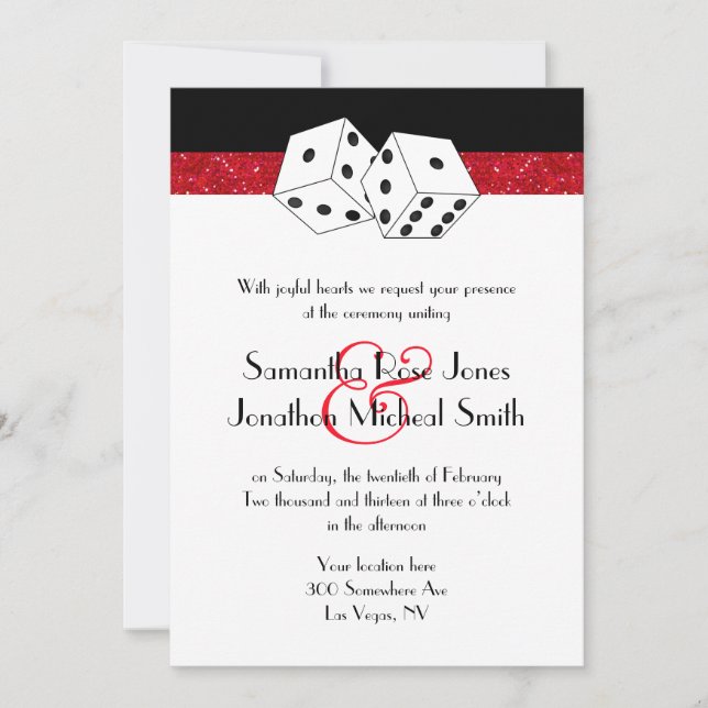 Invitation Las Vegas Mariage Dice Thème Ruby Red Faux Parties (Devant)