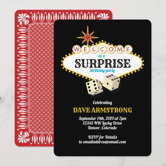 Invitation Las Vegas Marquee Surprise Anniversaire (Devant / Derrière)