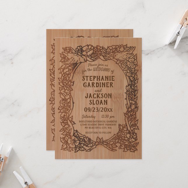 Invitation Laser rustique gravé Look Oiseau Mariage floral (Devant/Arrière en situation)