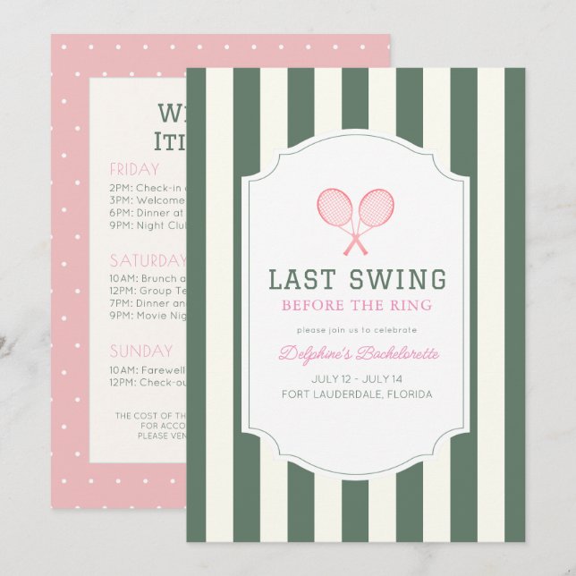 Invitation Last Swing Tennis Green Stripe Bachelorette (Devant / Derrière)