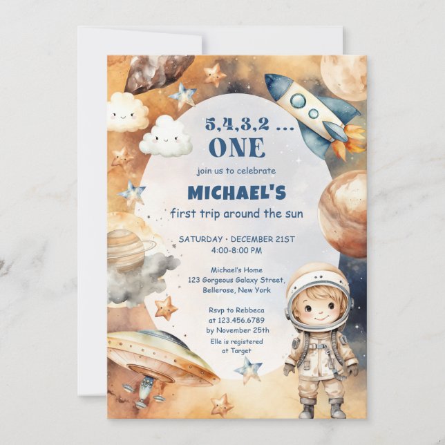 Invitation L'Astronaut Espace Premier Voyage Autour Du Soleil (Devant)