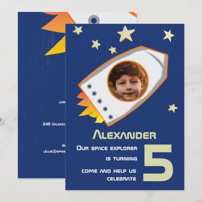 Invitation L'astronaute spatiale Boy Cute Photo Anniversaire (Devant / Derrière)
