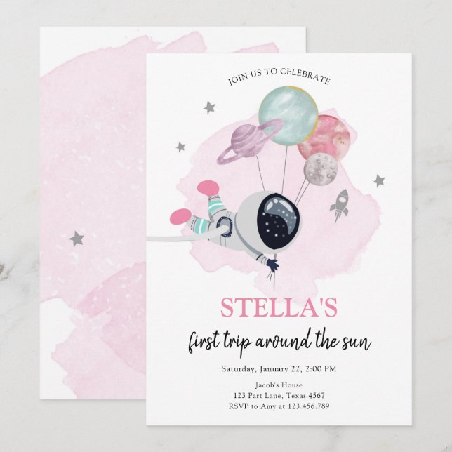 Invitation L'astronaute spatiale Orange Girl First Birthday (Devant / Derrière)