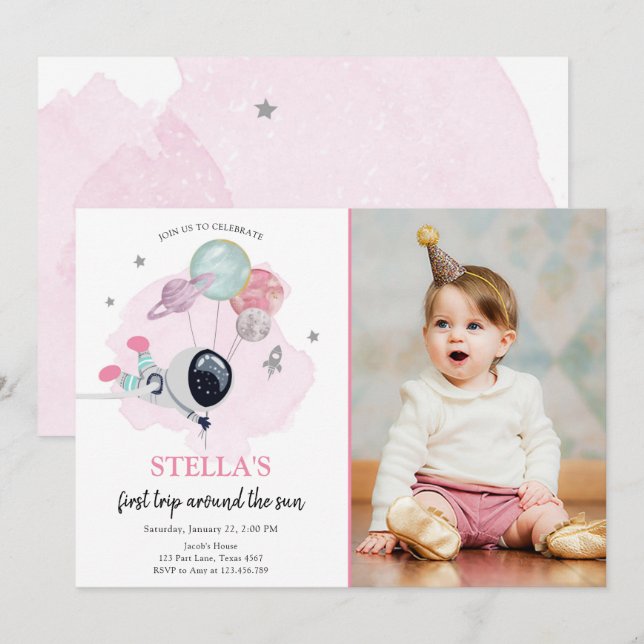 Invitation L'astronaute spatiale Pink Girl Premier anniversai (Devant / Derrière)