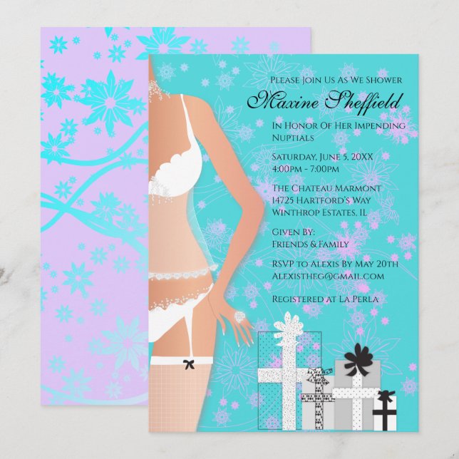 Invitation Latina Lingerie Fête des mariées Turquoise et viol (Devant / Derrière)