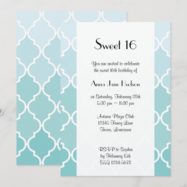 Invitation Latticework bleu, Ombre, Quatrefoil, Sweet 16 (Devant / Derrière)