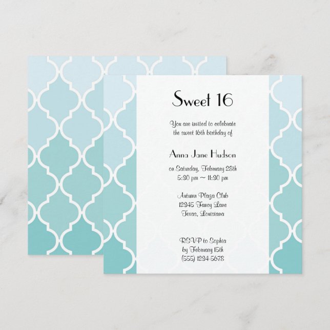 Invitation Latticework bleu, Ombre, Quatrefoil, Sweet 16 (Devant / Derrière)