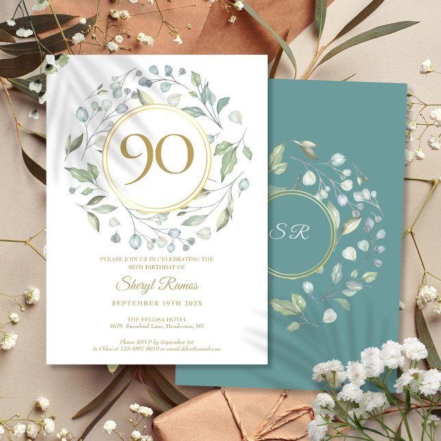 Invitation Laurel Garland Gold Monogramme 90e anniversaire (Laurel Garland Gold Monogram 90th Birthday Invitation)