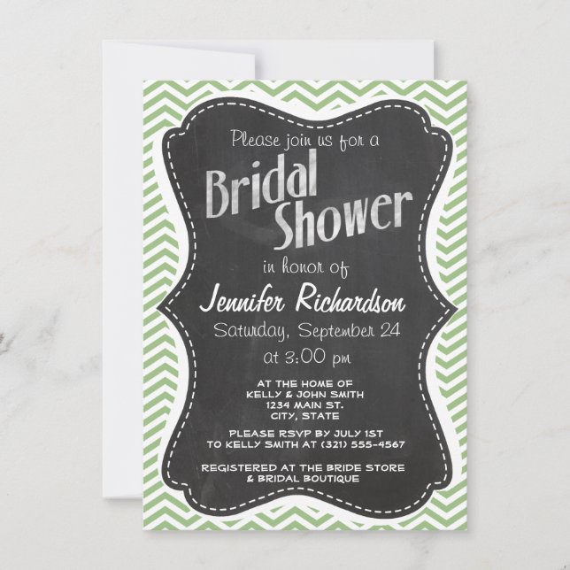 Invitation Laurel Green Chevron Stripes; Chalkboard look (Devant)