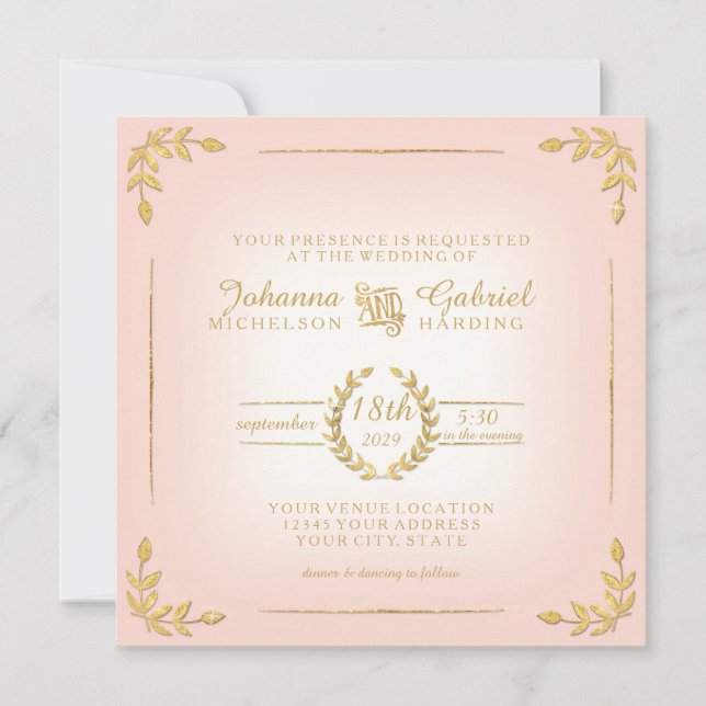 Invitation Laurel Leaf Pink Gold Typographie Mariage moderne (Devant)