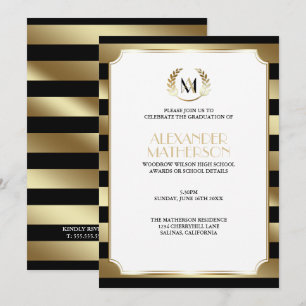 Invitation Laurel Monogrammed Black and Gold Graduation