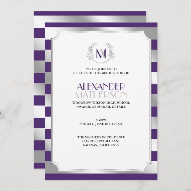 Invitation Laurel Monogrammed Purple et Silver Graduation (Devant / Derrière)