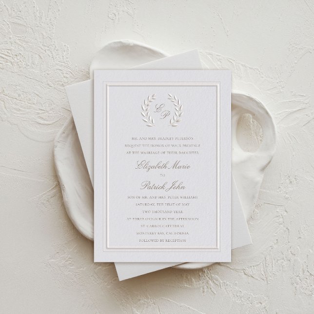 Invitation Laurel Wreath Crest Frame Classic Formal Mariage (formal traditional wedding invitation laurel crest monograms double frame ivory cream faux embossed)