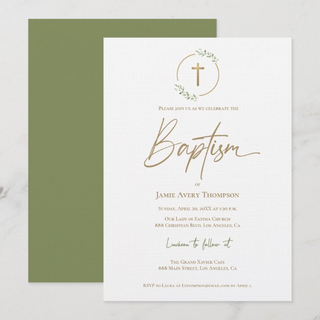 Invitation Laurel Wreath Green Gold Cross Baptême (Devant / Derrière)