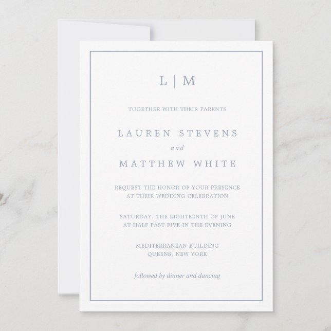 Invitation Lauren Dusty Blue Monogram Mariage élégant (Devant)