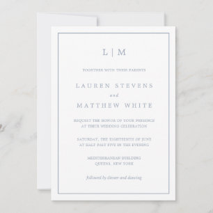 Invitation Lauren Dusty Blue Monogram Mariage élégant