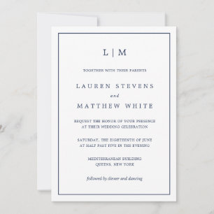 Invitation Lauren Navy Blue Monogramme Mariage élégant