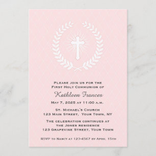 Invitation Laurier, croix, rose, première communion