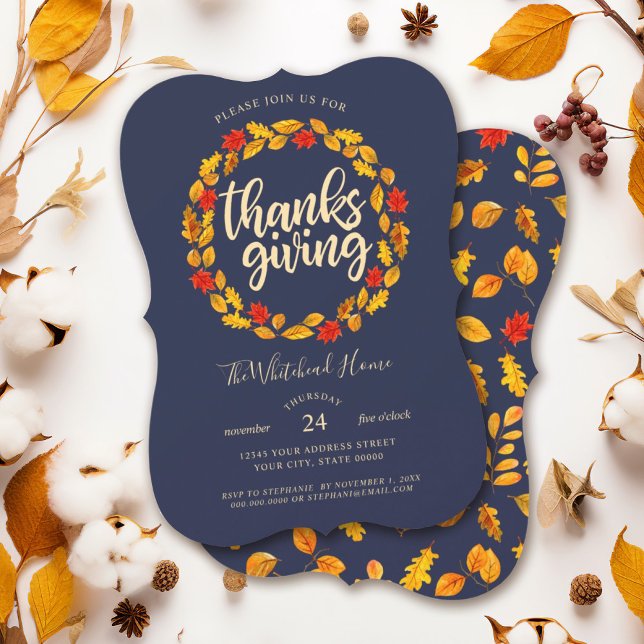 Invitation L'automne de la Marine de Thanksgiving laisse des  (Red and golden yellow leaf wreath Thanksgiving invitation with a leaf pattern watercolor background.)