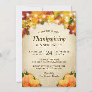Invitation L'Automne Lights Burlap Thanksgiving Dîner