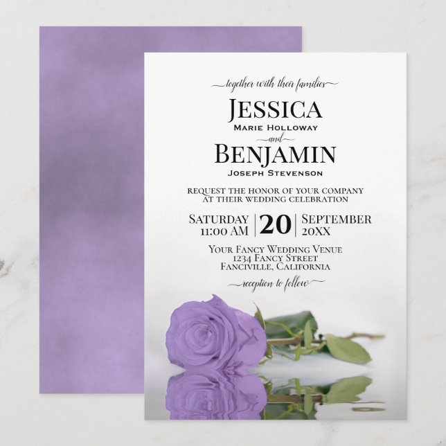 Invitation Lavande à longue tige violet Rose Élégant mariage (Devant / Derrière)