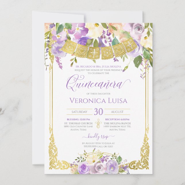 Invitation Lavande Aquarelle violette Florale Or Quinceanera (Devant)