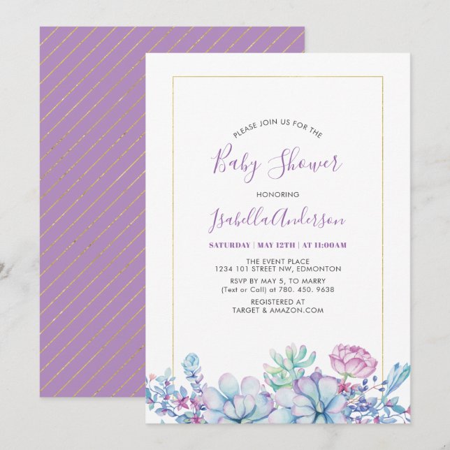 Invitation Lavande | Baby shower d'été Tropical Succulents (Devant / Derrière)