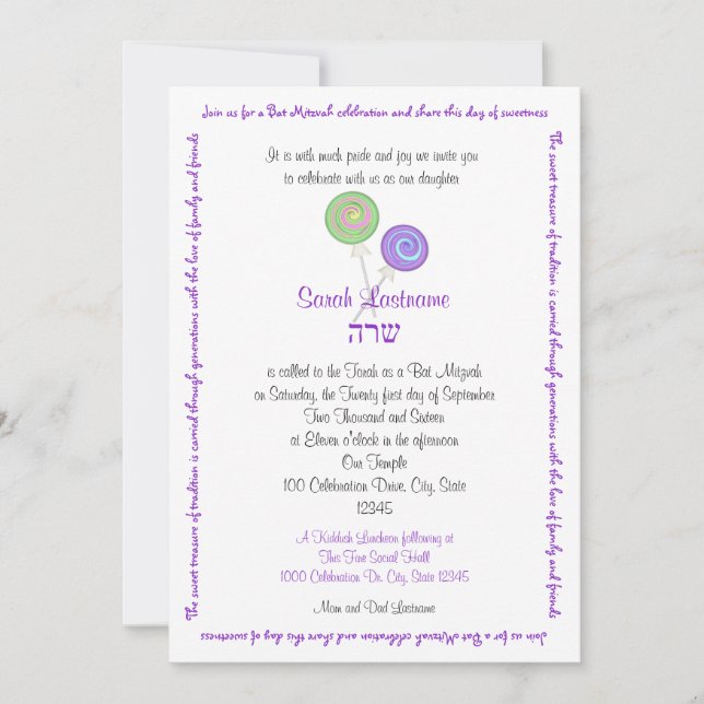 Invitation Lavande Bat mitzvah Lollipop Candy (Devant)