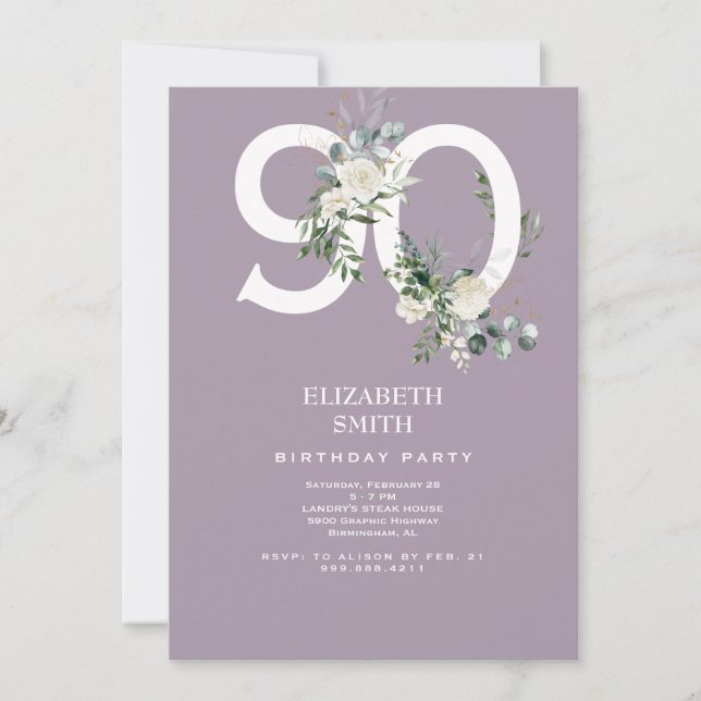 Invitation Lavande Blanc Floral Élégant 90ème anniversaire fê (Devant)