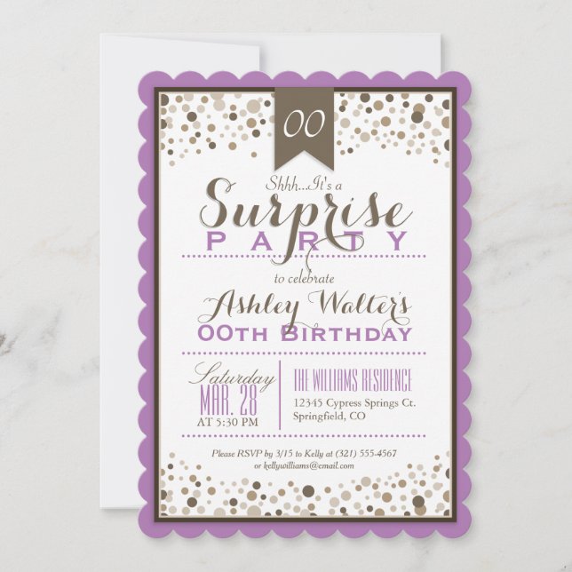 Invitation Lavande, Blanc, Taupe Surprise Party (Devant)