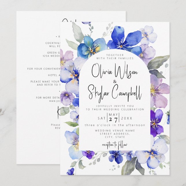 Invitation Lavande Bleu Arc Floral QR Code Tout en 1 Mariage (Devant / Derrière)