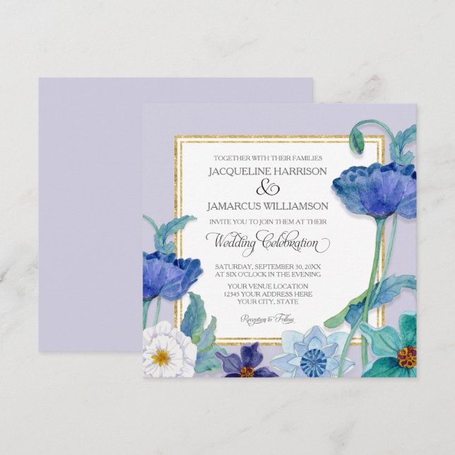Invitation Lavande Bleu n Aquarelle blanche Pavot floral feui (Devant / Derrière)