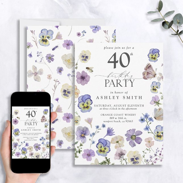 Invitation Lavande Bleu Pressé Floral 40e anniversaire Invita (Créateur téléchargé)