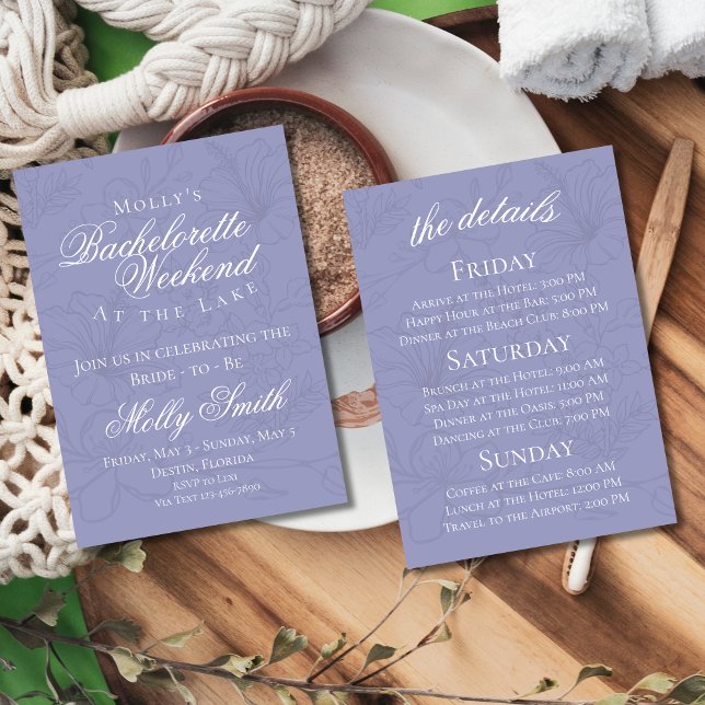 Invitation Lavande Botanique Bachelorette Week-end Itinéraire (Bachelorette itinerary invite with modern font – perfect for engagement or bridal celebrations!)