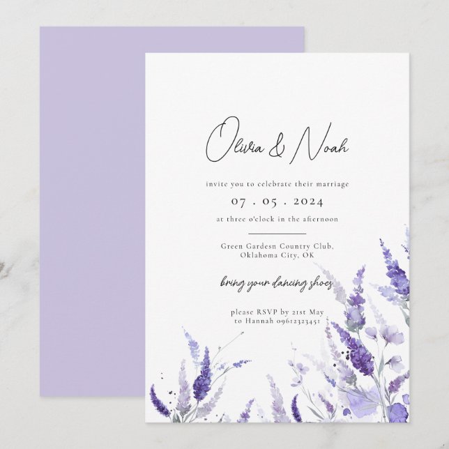Invitation Lavande Botanique Élégant Mariage floral Pastel (Devant / Derrière)
