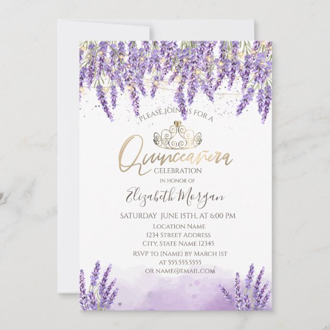 Invitation Lavande Chic Aquarelle, Lumière Chaîne Quinceanera (Devant)