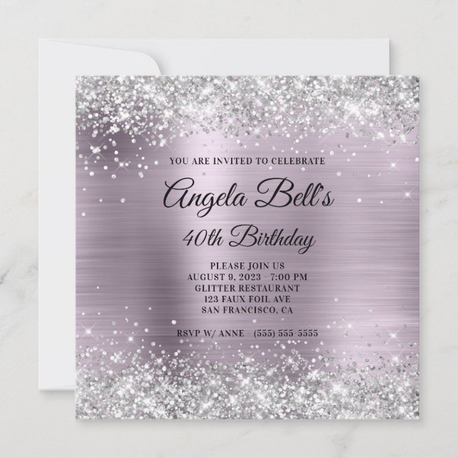 Invitation Lavande de Parties scintillant en argent mousseux  (Devant)