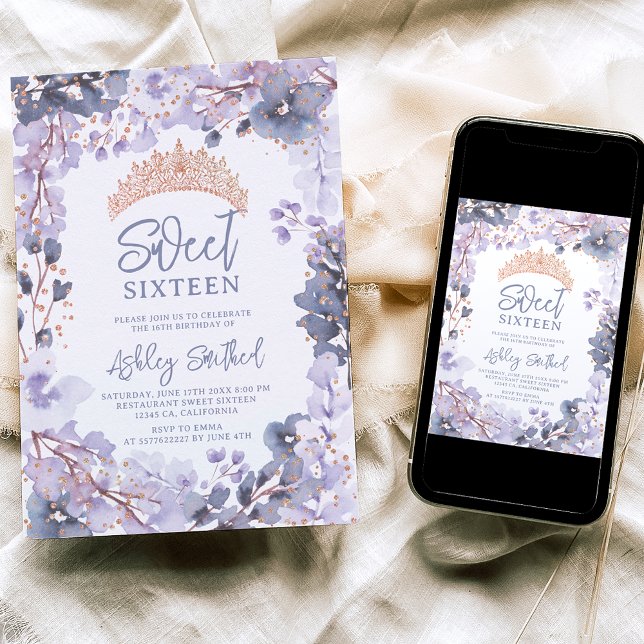 Invitation Lavande d'or tiara princesse fleurie Sweet 16 (Créateur téléchargé)