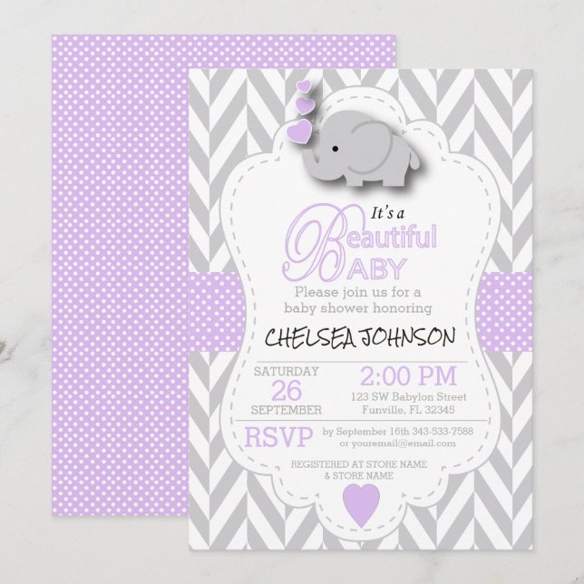 Invitation Lavande, éléphant gris blanc 🐘 Baby shower (Devant / Derrière)