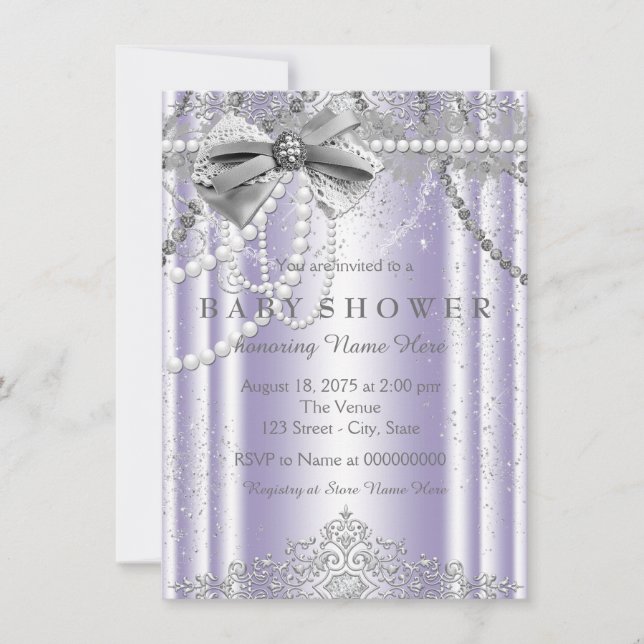 Invitation Lavande et Baby shower de fille gris (Devant)