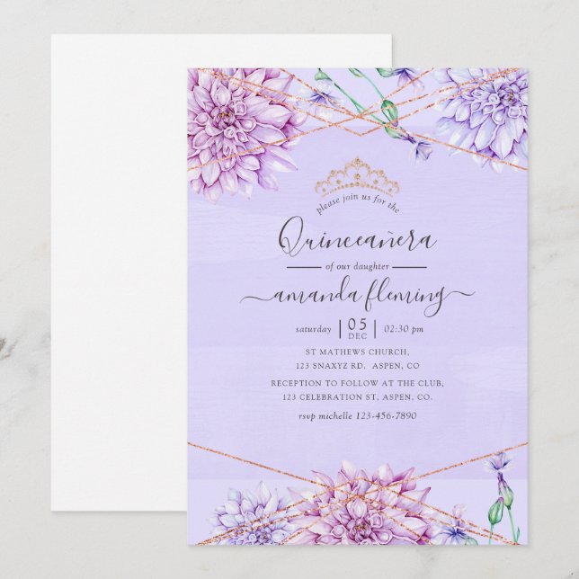 Invitation Lavande et or Floral Géométrique Quinceañera (Devant / Derrière)