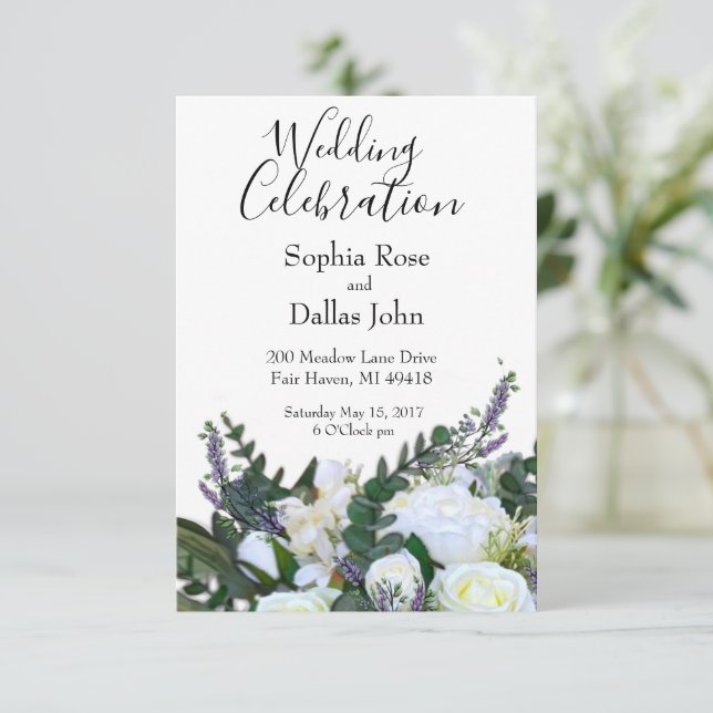 Invitation Lavande Eucalyptus blanc roses Mariage (Debout devant)