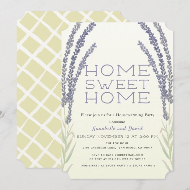 Invitation Lavande Fleur Sprigs Jaune Maison Fête de Réchauff (Devant / Derrière)