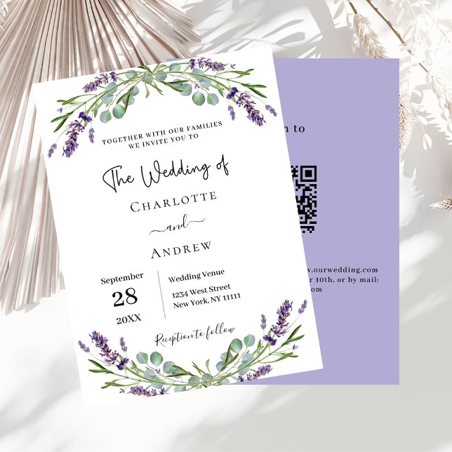 Invitation Lavande fleurit vert code QR RSVP mariage (Créateur téléchargé)