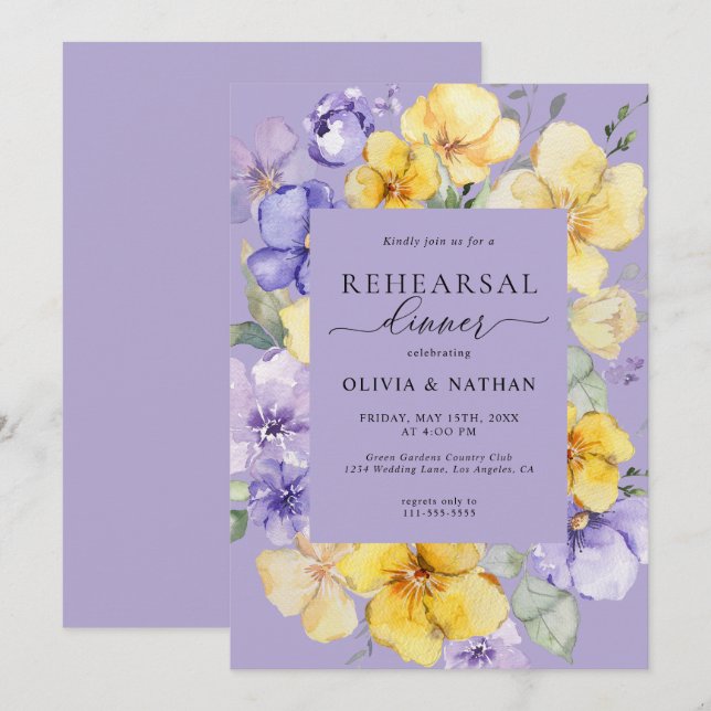 Invitation Lavande Fleurs Jaunes Dîner De Répétition De Print (Devant / Derrière)