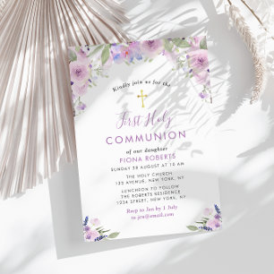 Invitation lavande fleurs pourpres première communion sainte