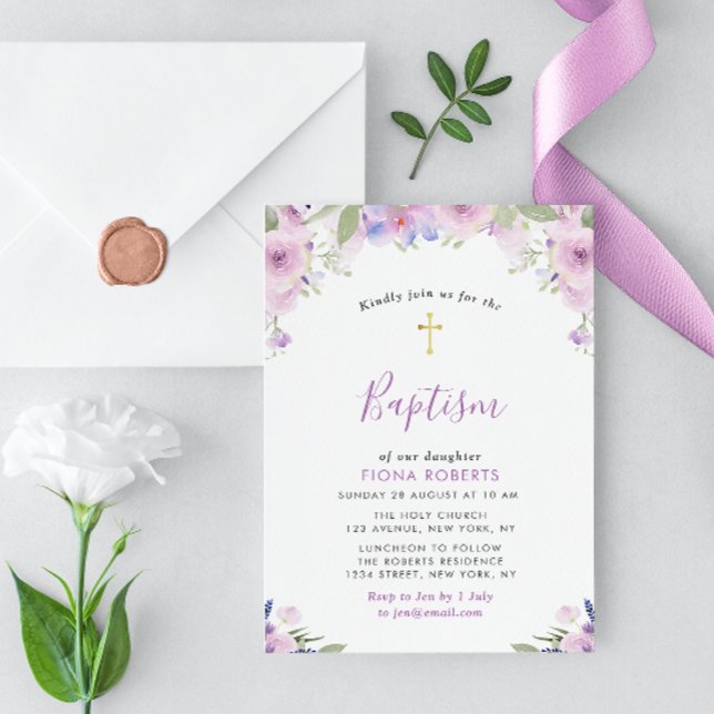 Invitation lavande fleurs violettes baptême (Créateur téléchargé)