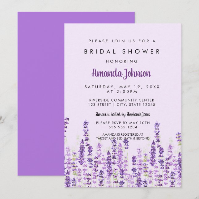 Invitation Lavande Fleurs violettes clair Aquarelle (Devant / Derrière)
