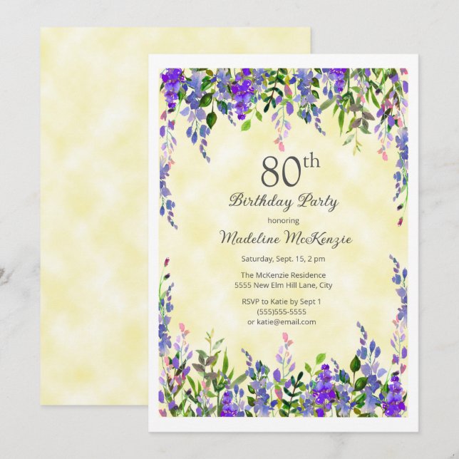 Invitation Lavande Floral Jaune 80e fête d'anniversaire (Devant / Derrière)